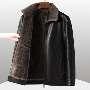 专柜品质冬款加绒加厚翻领皮外套男士高端软皮夹克中老年爸爸大码