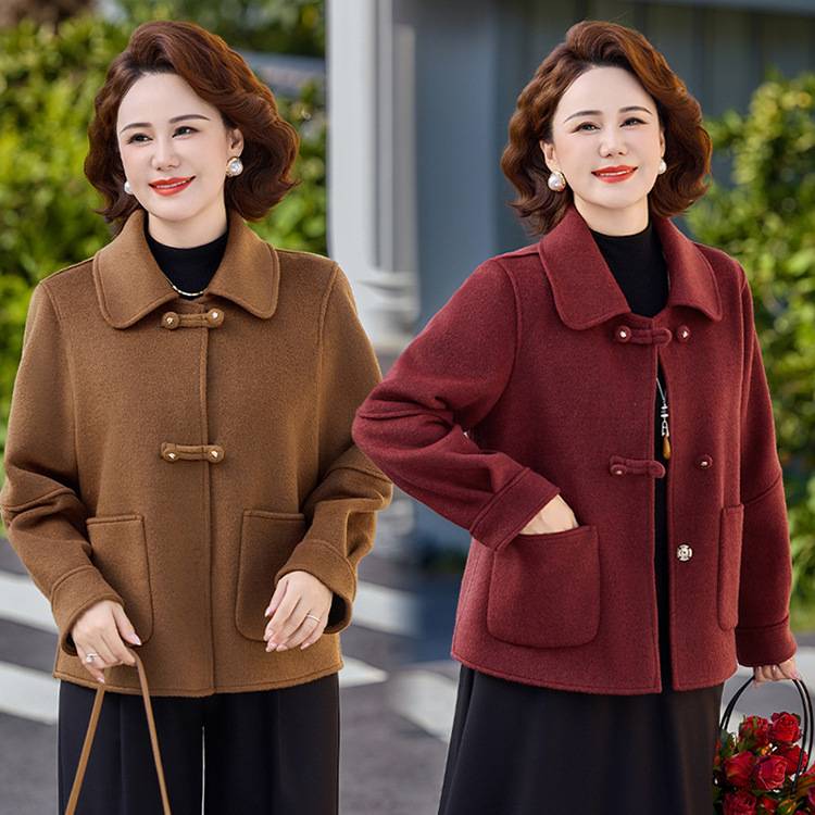 专柜妈妈秋装双面呢气质翻领外套中老年女装春秋高贵减龄显瘦毛呢