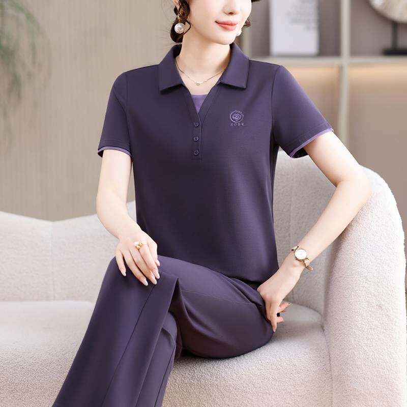 专柜品牌2026夏季新款女装短袖POLO衫长裤两件套中年妈妈装时尚运