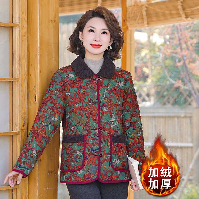 专柜中年女款冬装新款加绒加厚保暖外套妈妈冬天通勤翻领碎花洋气