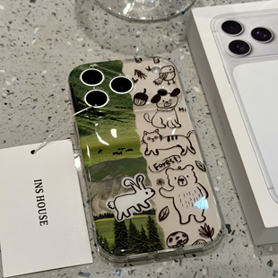 童趣创意拼草地涂鸦小动物适用于iphone17promax苹果16p手机壳15小众简约设计感防摔保护壳