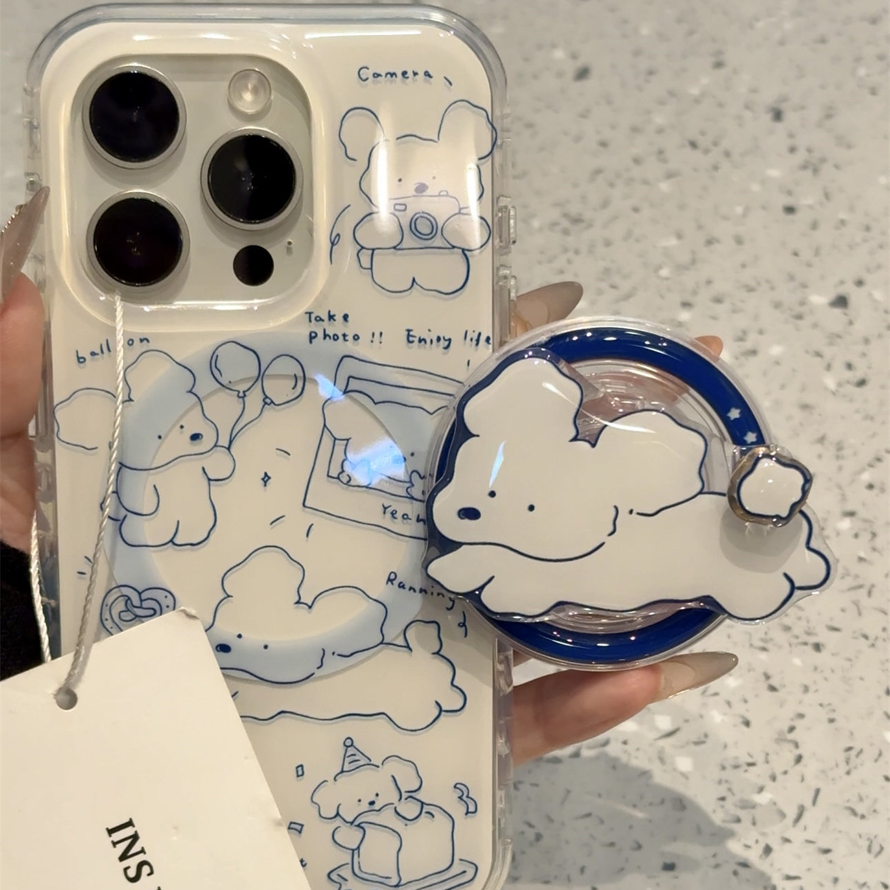 卡通蓝色线条小狗相机适用iphone16promax苹果15pro手机保护壳14p