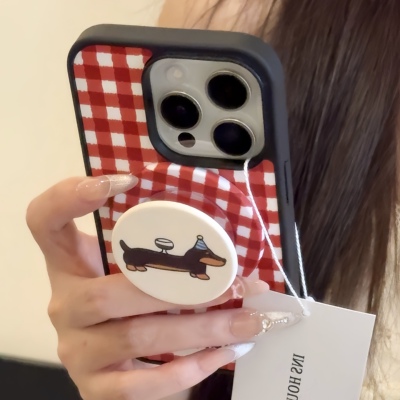 ins红白格纹礼帽腊肠狗支架适用iphone16proma苹果15p手机保护壳