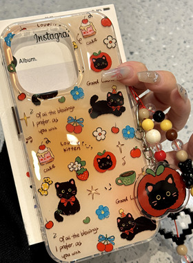 卡通可爱蝴蝶结小黑猫适用ihone16promax苹果15pro手机壳14新款13