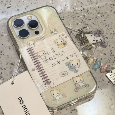 可爱棉花糖猫咪笔记本眨眼骑单车适用iphone16prom苹果15手机壳14