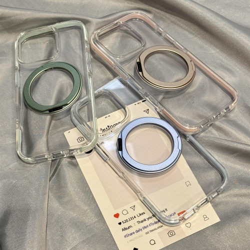 粉蓝边360度旋转支架适用iphone17promax苹果16pr手机壳14新款13