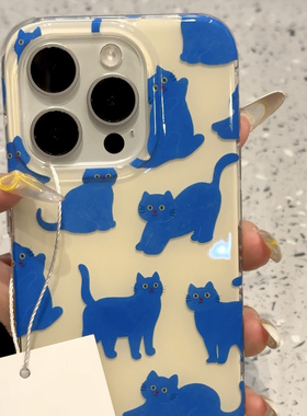 卡通可爱满屏蓝色小猫适用iphone16promax苹果15pr手机壳14新款13