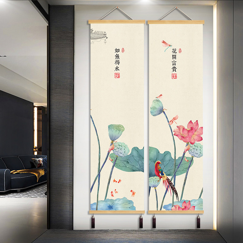 中国风手绘荷花荷叶挂画新中式客厅中堂玄关花开富贵四联装饰画