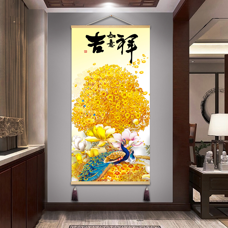 2023款发财树卷轴免打孔挂画进门玄关客厅办公室墙面装饰画可定制图片