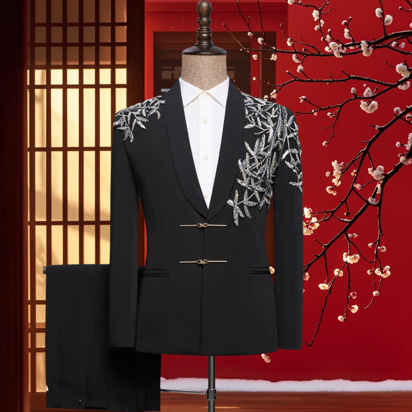 新中式西服男黑色套装新郎结婚礼服主持人舞台表演合唱团演出服