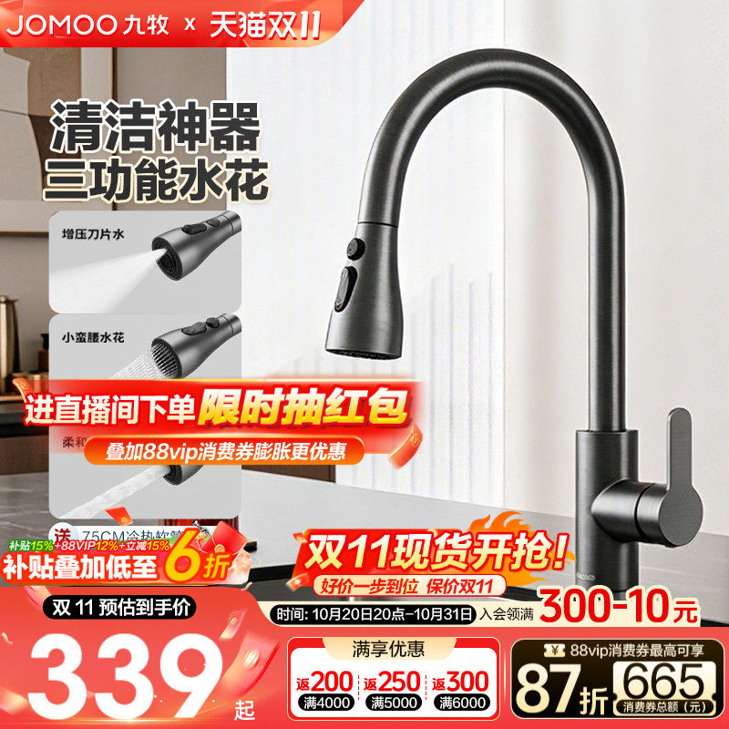 【政府补贴】九牧厨房冷热水龙头抽拉式枪灰家用冷热菜盆水槽防溅