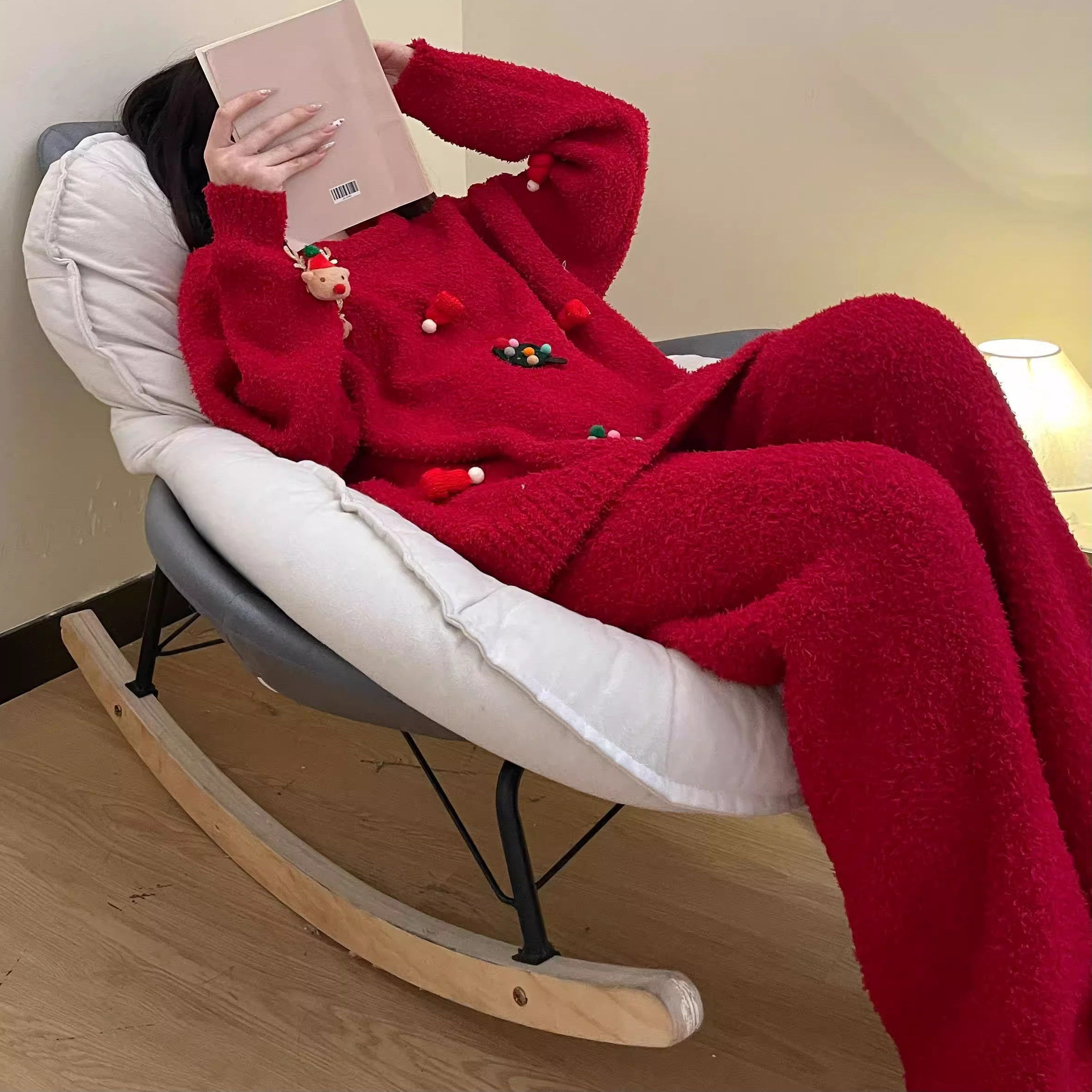 圣诞节红色针织半边绒睡衣冬季2025加厚保暖软糯长袖家居服两件套