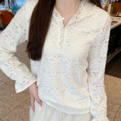 法式重工连帽长袖蕾丝衫女春秋2025新款独特超好看内搭打底衫上衣