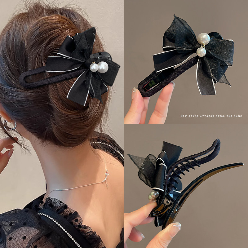 珍珠发夹女蝴蝶结大号抓夹后脑勺夹子2025新款高端鸭嘴夹发卡头饰
