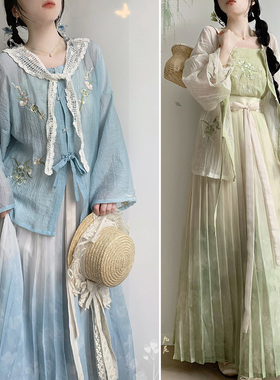 宫羽衣原创{夏日茉莉}汉服女刺绣圆领衫新中式日常国风春夏款套装