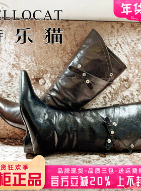 正品TELLOCAT特乐猫2025冬新款牛皮圆头中跟粗跟长靴THD54R60601