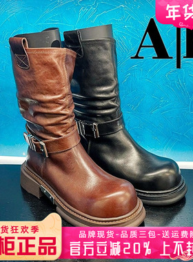 正品Ah女鞋2025冬季新款时尚牛皮圆头粗跟时装靴中靴AXH53D50106