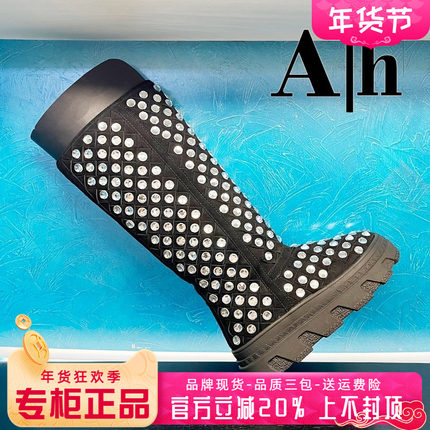 正品AH女鞋2025冬新款圆头休闲羊皮真毛里雪地靴高靴AYH53M70052