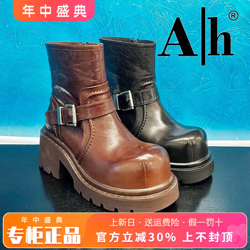 正品Ah女鞋2025冬季新款水台底牛皮圆头粗跟高跟短靴AXH53D50606