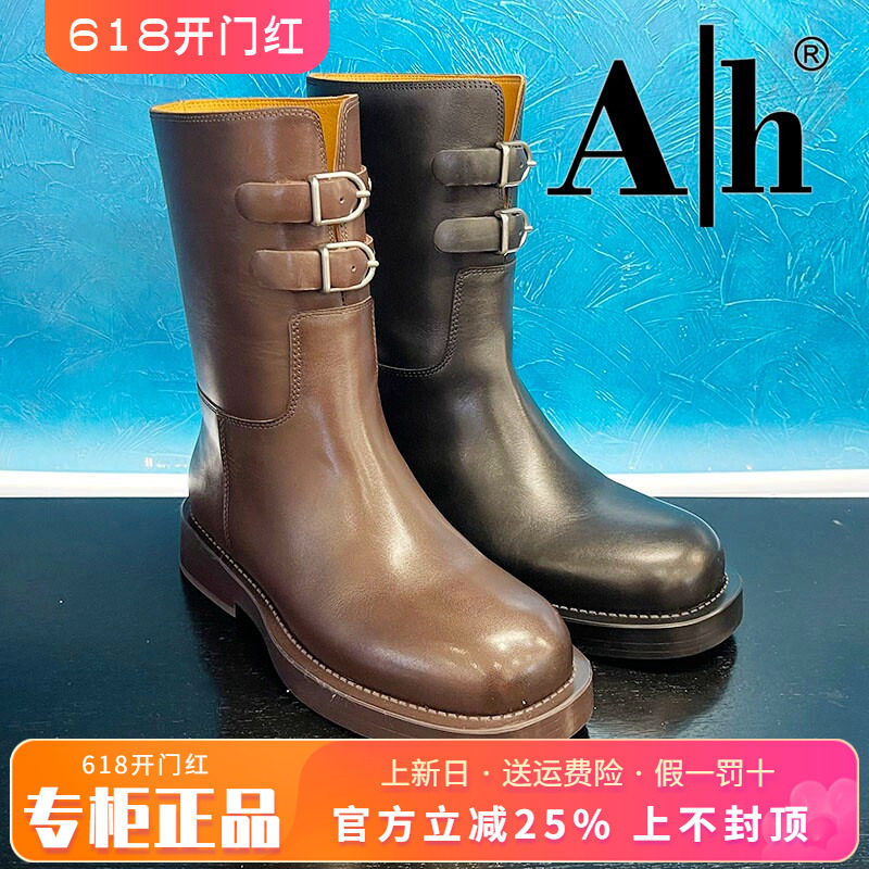 正品Ah女鞋热销冬季新款时尚牛皮圆头粗跟时装靴长鞋ANS44D32012