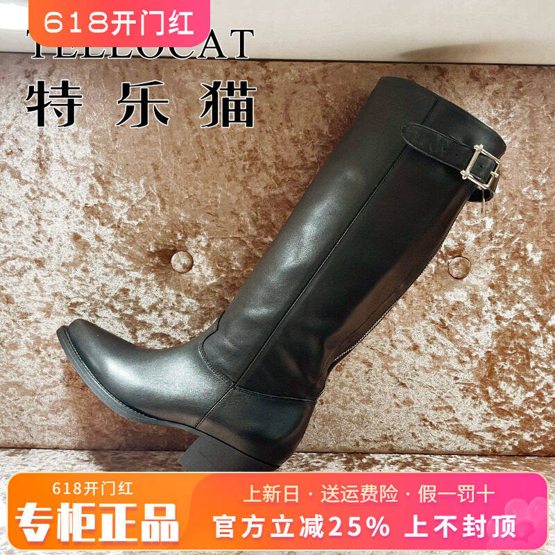 正品TELLOCAT特乐猫2025冬新款牛皮尖头中跟粗跟长靴TBS53D80309