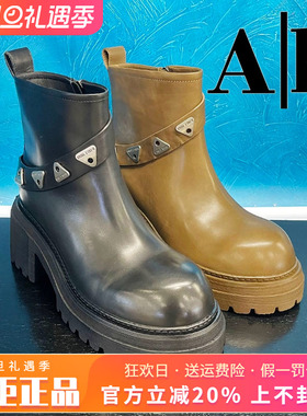 正品Ah女鞋热销秋季新款时尚牛皮圆头粗跟时装靴短鞋AHXH43D16803