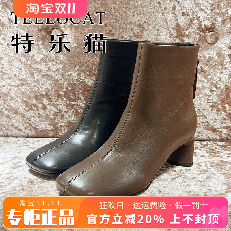 正品TELLOCAT特乐猫2025冬新款高跟粗跟方头拉链短靴TJL53D07601