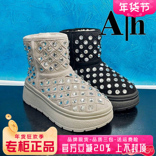 正品AH女鞋2025冬新款圆头休闲羊皮真毛里雪地靴AYH53M25053