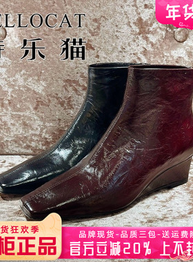 正品TELLOCAT特乐猫2025冬新款中跟坡跟方头拉链短靴TJH53D57101