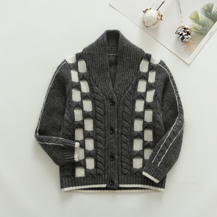 秋冬毛衣青果领开衫男童羊绒衫深灰色白格子儿童羊毛衫单排扣外套