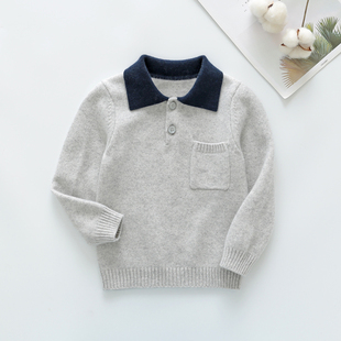 康赛妮纱线100%高端男童羊绒衫翻领针织毛衣宝宝口袋款外套灰色