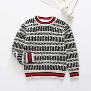 秋冬款套头男童羊绒衫黑白间色宝宝毛衣洋气儿童羊毛衫男孩