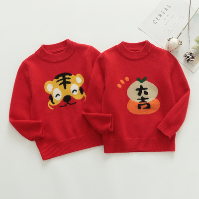 秋冬红色毛衣男童女童羊绒衫儿童羊毛衫半高领老虎宝宝生日服大吉