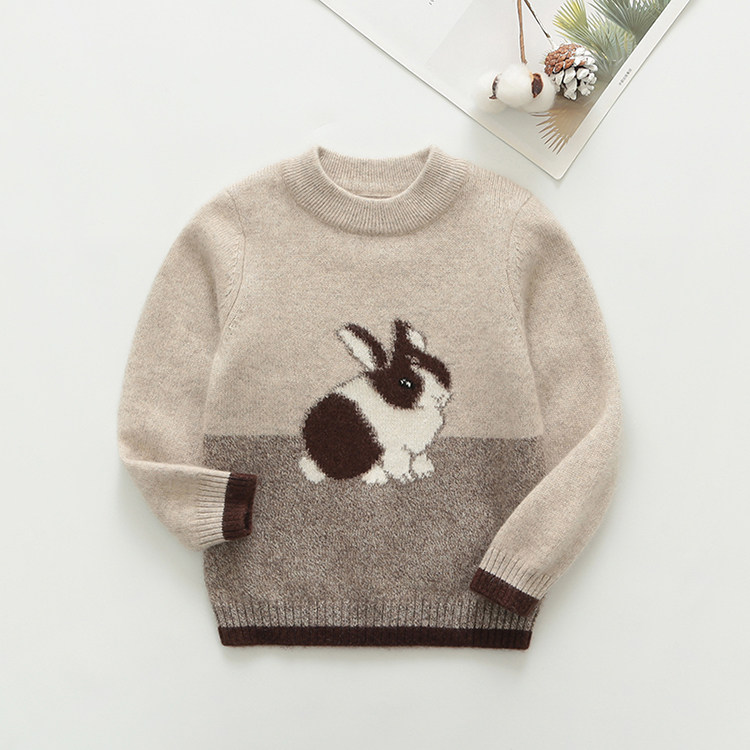 洪叶云台100%高端儿童羊绒杉男童毛衣女童羊毛针织衫卡通兔子米色