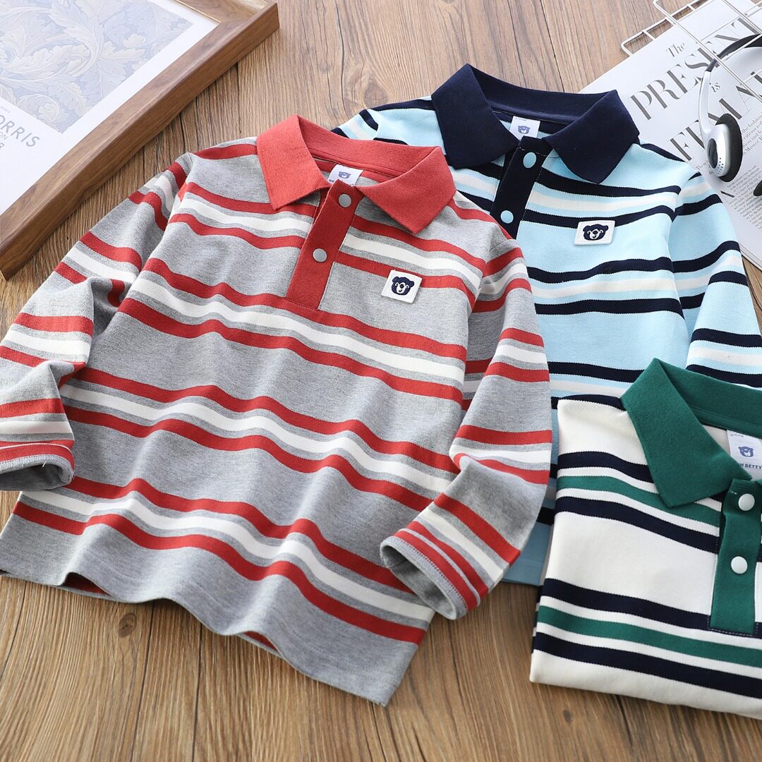 男童条纹长袖T恤春秋新款儿童polo衫中大童休闲宝宝翻领上衣潮