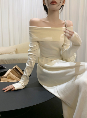 一字肩长袖连衣裙女秋冬大码胖mm法式高级感御姐风收腰显瘦长裙子