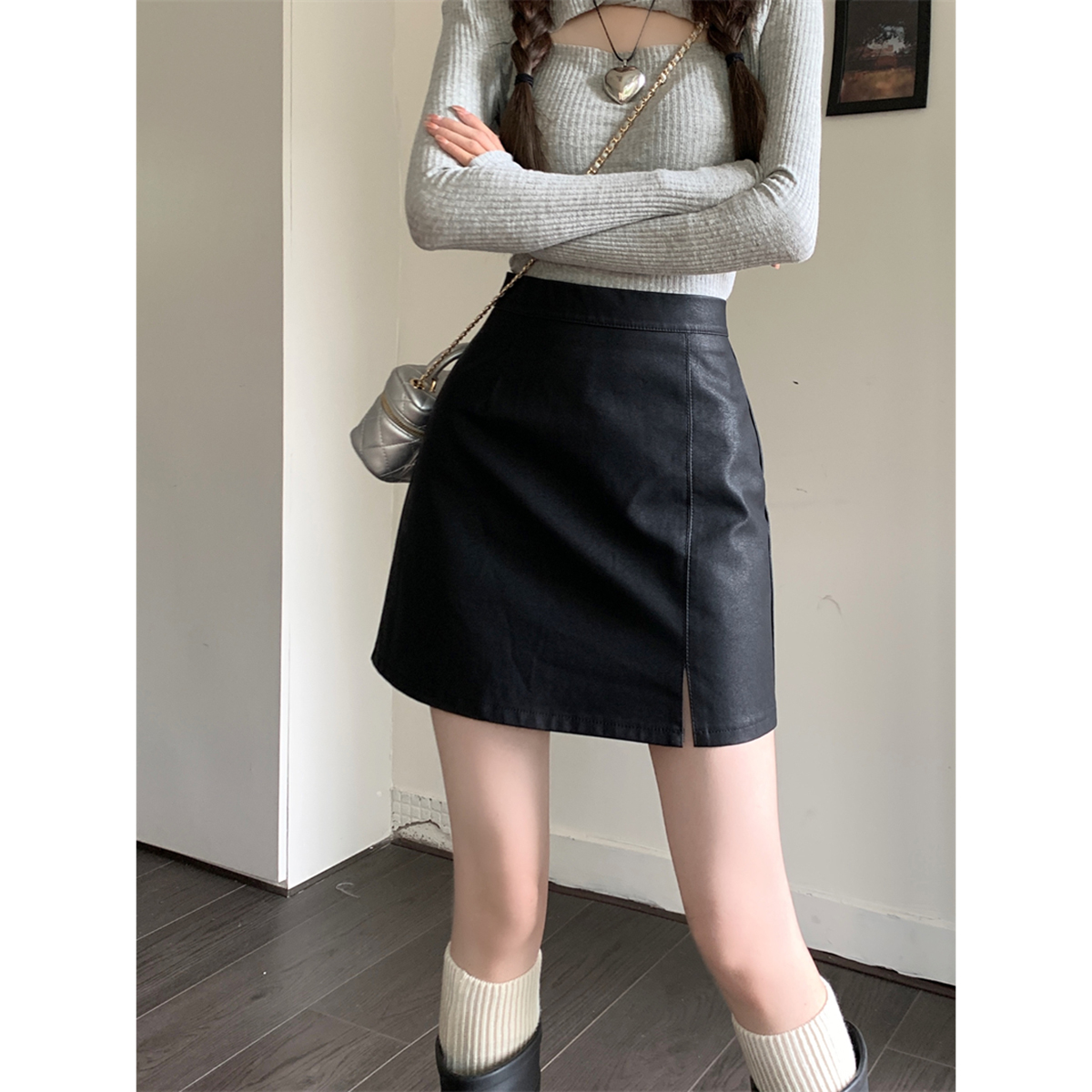 PU皮开叉小皮裙半身裙女秋冬大码胖mm高腰包臀修身显瘦A字短裙子