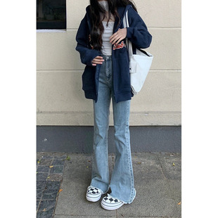 胖mm弹力阔腿长裤 女2023春秋新款 牛仔裤 复古浅蓝色微喇叭毛边大码