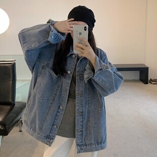 宽松夹克上衣 胖mm复古bf风大口袋韩版 牛仔外套女春秋2023新款 大码