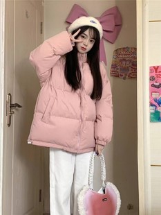 胖mm加绒加厚宽松保暖立领面包服外套 大码 粉色棉衣棉服女冬季 新款