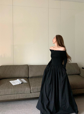 复古一字肩高级感长袖连衣裙女秋冬大码胖mm收腰显瘦长裙a字裙子