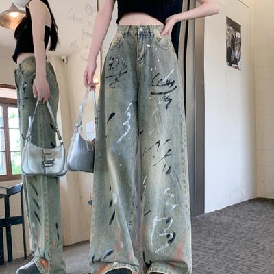 泼墨美式涂鸦常规牛仔阔腿裤长裤