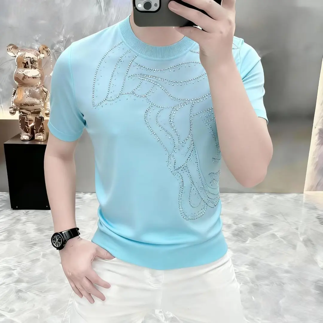 云派精品男装轻奢限定男士针织冰丝烫钻提花圆领短袖T恤夏季高级