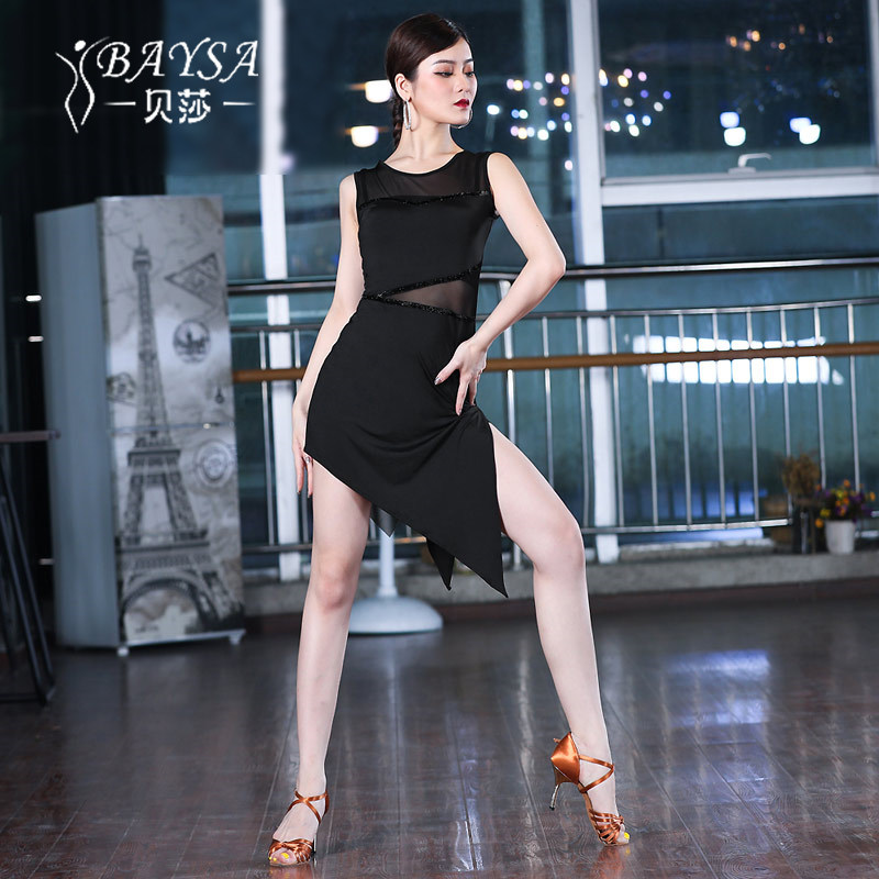 贝莎拉丁舞裙春夏2022新款黑色女舞蹈服装连衣裙露肩跳舞衣练功服