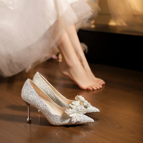 银色亮片蝴蝶结高跟鞋女法式绝美气质婚鞋不累脚18岁成人礼水晶鞋