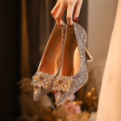 绝美香槟色水晶鞋 女2025新款 细跟不累脚高跟鞋 法式 主婚纱秀禾婚鞋