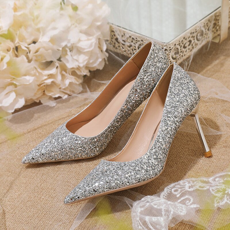 法式婚鞋婚纱禾秀两穿高跟鞋女2025新款亮片气质优雅绝美水晶单鞋