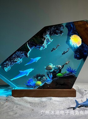 海豚和海龟树脂小夜灯情侣潜水员探索海底世界独特装饰圣诞节礼物