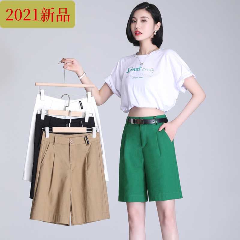 3工装五分裤女夏2021新款高腰阔腿宽松裤薄款中裤ins绿色大码短裤