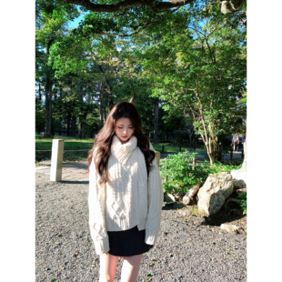 小象【纯白星河】羊毛重工大翻领绞花毛衣女秋冬季针织开衫外套